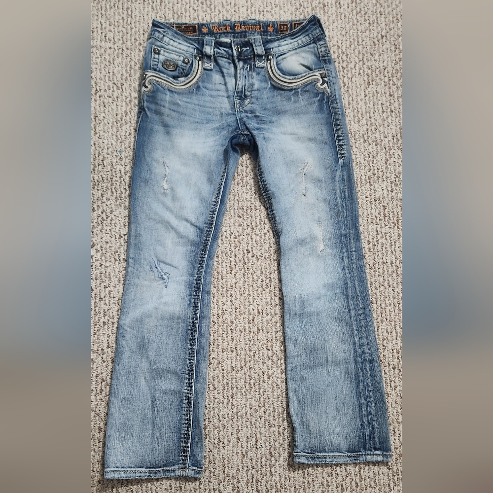 Rock Revival Blue Bootcut Jeans with Classic Fading